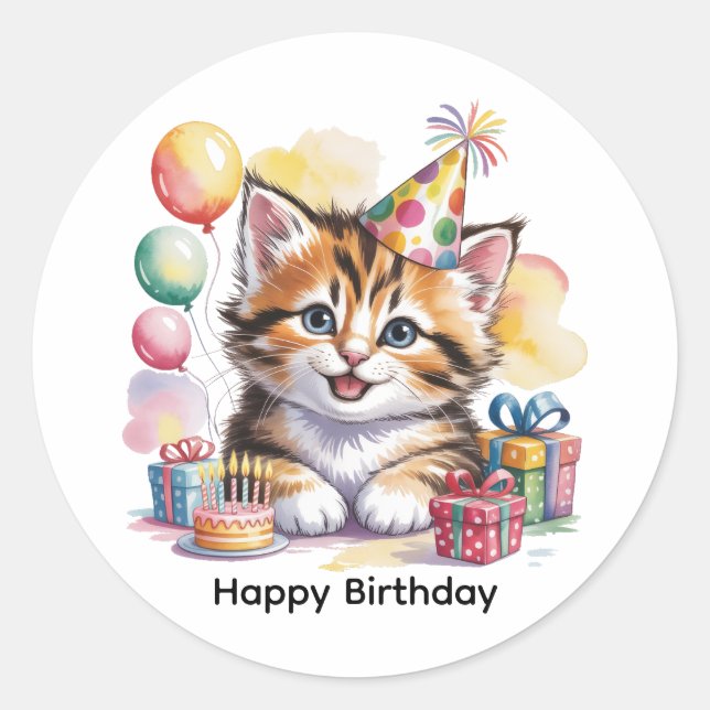 Sticker Rond Cute Kitten Birthday Party (Devant)