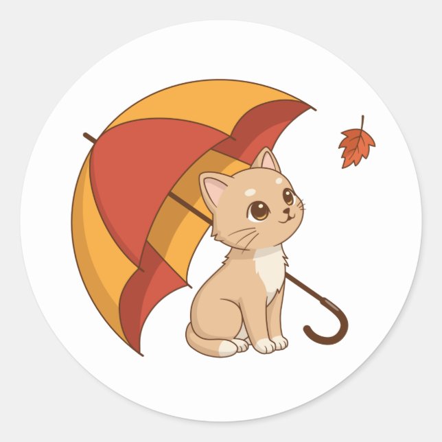 Sticker Rond Cute Kitten Cat Red Yellow Umbrella Fall (Devant)