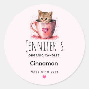 Sticker Rond Cute Kitten dans un Teup avec Heart Candle Craft