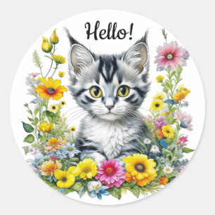 Sticker Rond Cute Kitten Entouré de fleurs   Bonjour