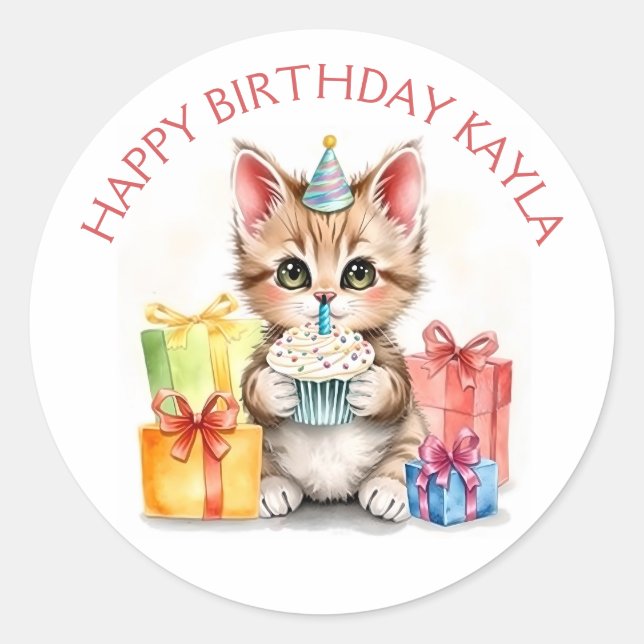 Sticker Rond Cute Kitten personnalisé en Casquette d'anniversai (Devant)