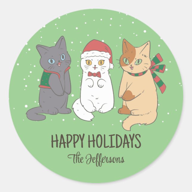 Sticker Rond Cute Kittens Noël Chat Neige Vacances d'hiver (Devant)