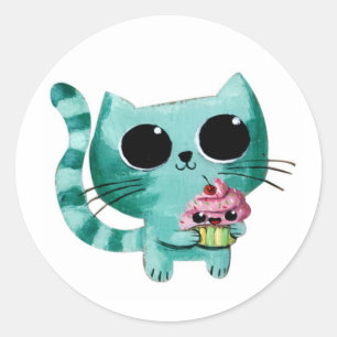 Sticker Rond Cute Kitty Chat avec Kawaii Cupcake