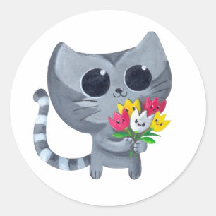 Sticker Rond Cute Kitty Chat et fleurs