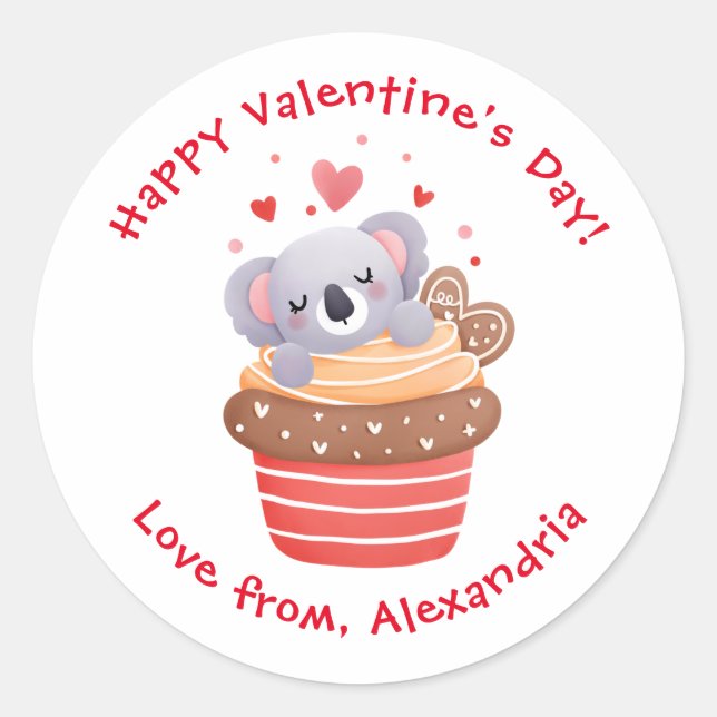 Sticker Rond Cute Koala à Cupcake Custom Kids Saint Valentin (Devant)