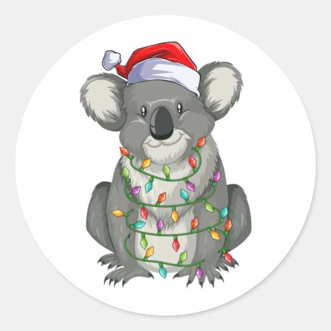 Sticker Rond Cute koala aux lumières de Noël (Devant)
