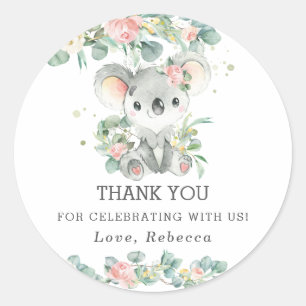 Sticker Rond Cute Koala Eucalyptus rose Merci floral Favoriser