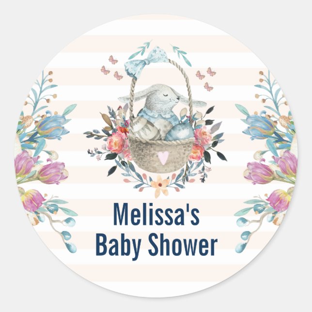 Sticker Rond Cute lapin dans le Baby shower de fleurs de panier (Devant)