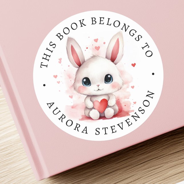 Sticker Rond Cute lapin tenant coeur bibliothèque livre étiquet (Cute bunny holding heart library book label)