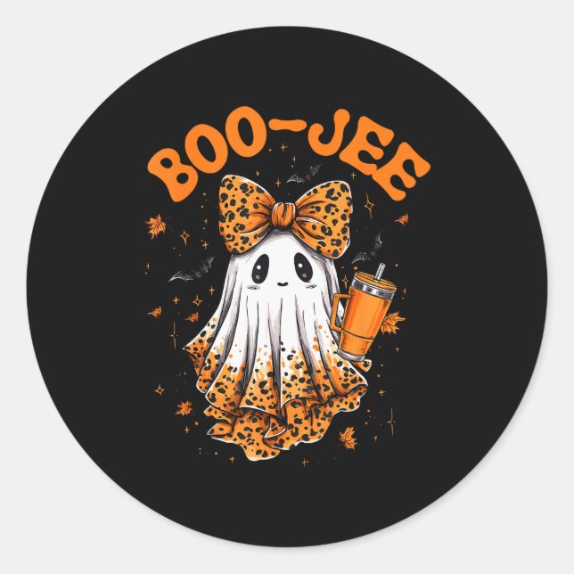 Sticker Rond Cute Leopard Boo Jee Ghost Coffee Halloween Costum (Devant)