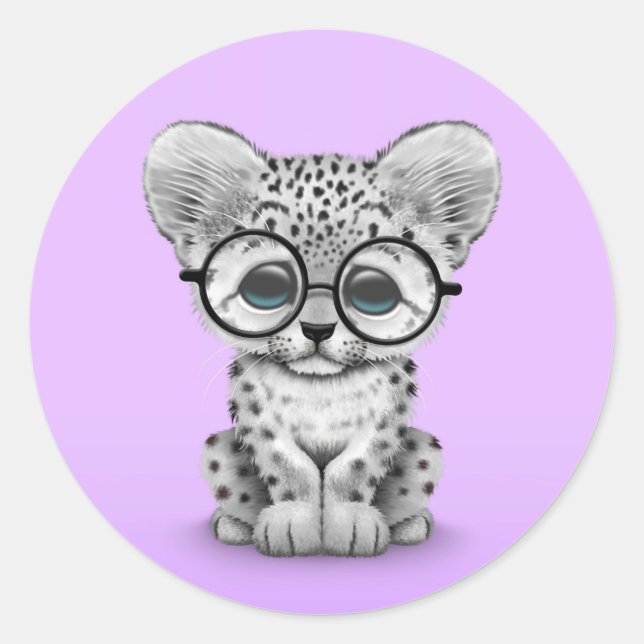 Sticker Rond Cute Léopard de Neige Portant des lunettes sur vio (Devant)