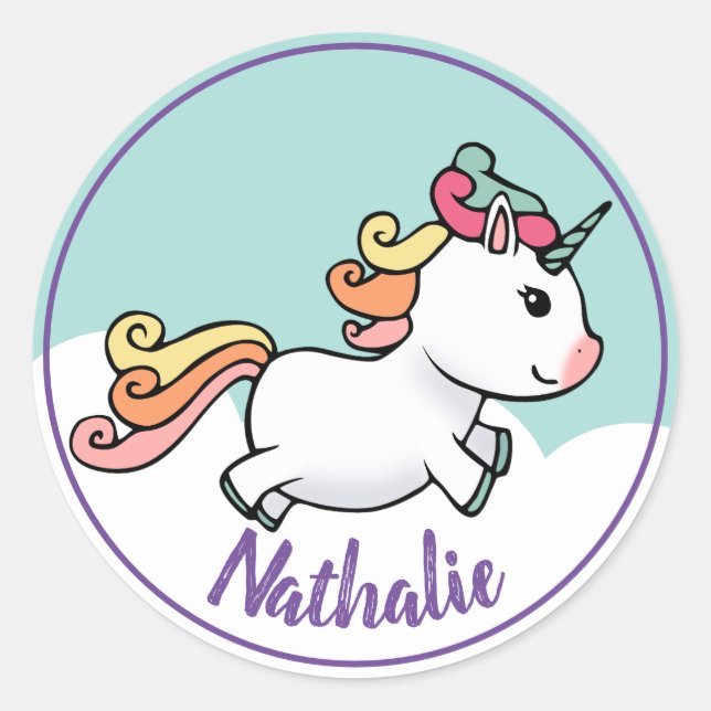 Sticker Rond Cute licorne avec nom (Devant)
