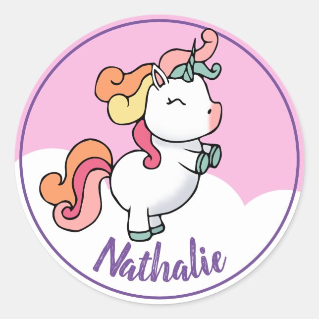 Sticker Rond Cute licorne avec nom (Devant)