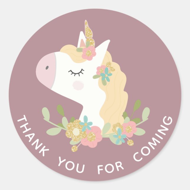 Sticker Rond Cute licorne. Bébé fille. Merci à venir (Devant)