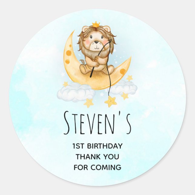 Sticker Rond Cute Lion Pêche sur la Lune Aquarelle Anniversaire (Devant)