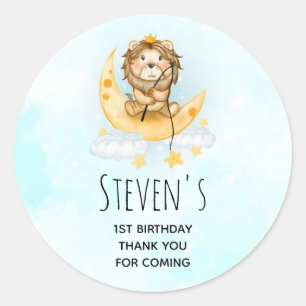 Sticker Rond Cute Lion Pêche sur la Lune Aquarelle Anniversaire