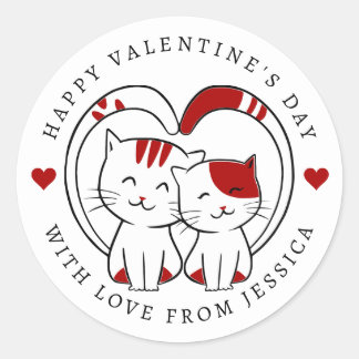 Sticker Rond Cute Little Cats Happy Valentine's Day
