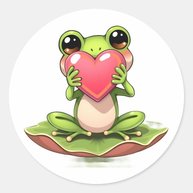 Sticker Rond Cute Little Frog Holding a Heart (Devant)