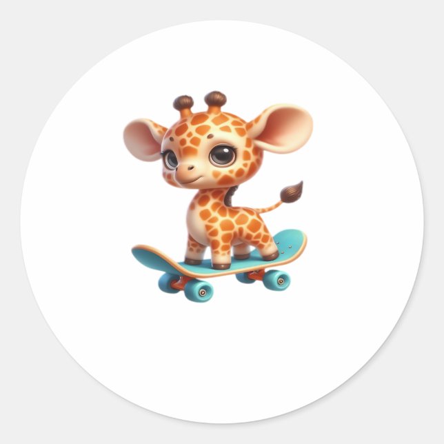 Sticker Rond Cute little giraffe on a skateboard Classic T-Shir (Devant)