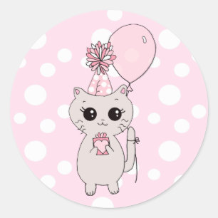 Sticker Rond Cute Little Kitten tenant Anniversaire Cadeau Ball