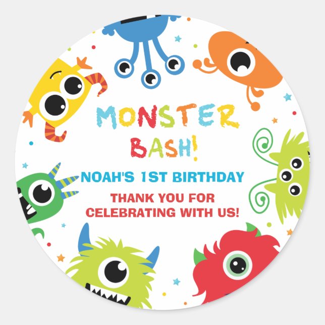 Sticker Rond Cute Little Monsters 1er Anniversaire Merci Favori (Devant)