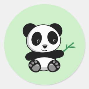 Sticker Rond Cute Little Panda avec Bâton en Bambou vert