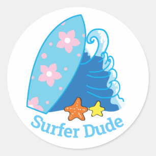 Sticker Rond Cute Little Surfer Dude Surfboard et Wave