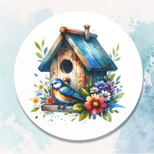 Sticker Rond Cute Little Watercolor Birdhouse et Bird