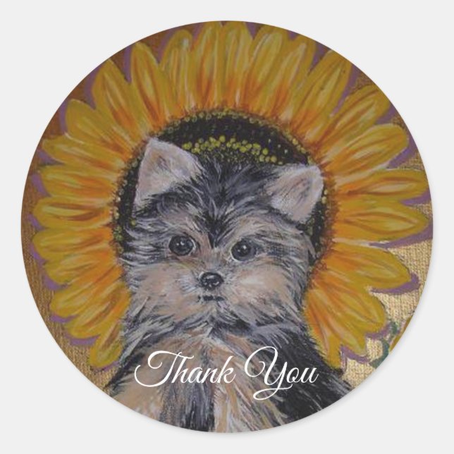 Sticker Rond Cute Little Yorkie et Merci de tournesol (Devant)