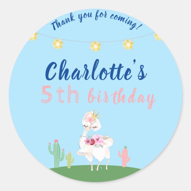 Sticker Rond Cute Llama Fun Blue Anniversaire (Devant)