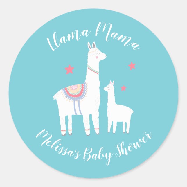 Sticker Rond Cute Llama Mama Turquoise Baby shower moderne (Devant)
