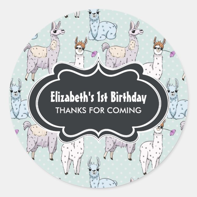 Sticker Rond Cute Llama Motif à l'anniversaire Pois (Devant)