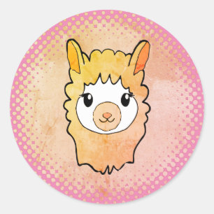Sticker Rond Cute Llama Visage Style Vintage Dessin rose
