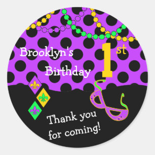 Sticker Rond Cute Mardi Gras Thème 1er Sceau d'anniversaire