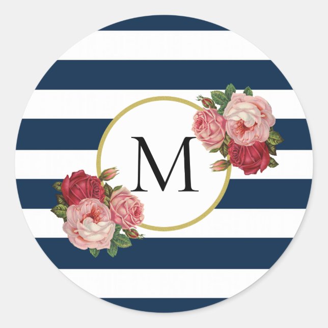 Sticker Rond Cute Marine Bleu Blanc rayé Retro Floral Monogramm (Devant)