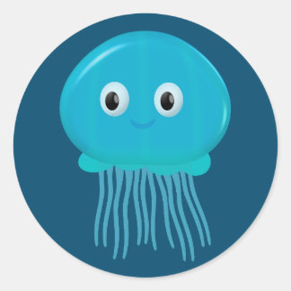 Sticker Rond Cute méduse Cartoon Dans L'Océan Bleu