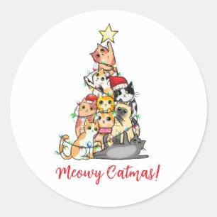 Sticker Rond Cute Meowy Catmas Chats Noël Arbre