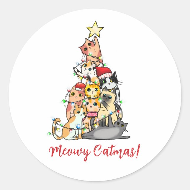 Sticker Rond Cute Meowy Catmas Chats Noël Arbre (Devant)