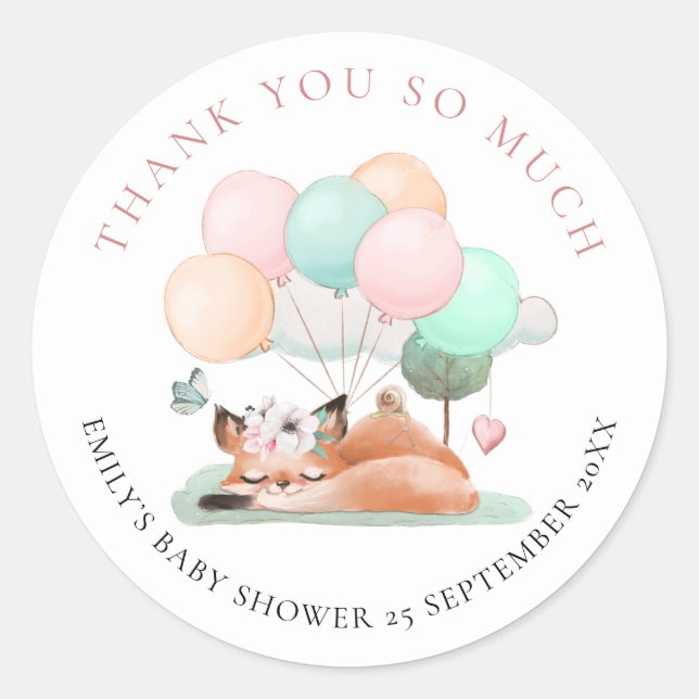 Sticker Rond Cute Merci de Fox couché rose Baby shower en faveu (Devant)