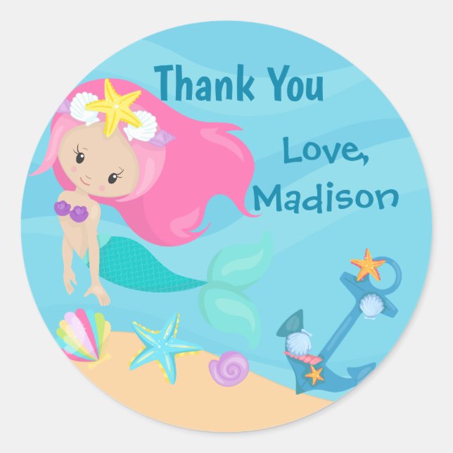 Sticker Rond Cute Mermaid Girl Beach Anniversaire de enfant per (Devant)