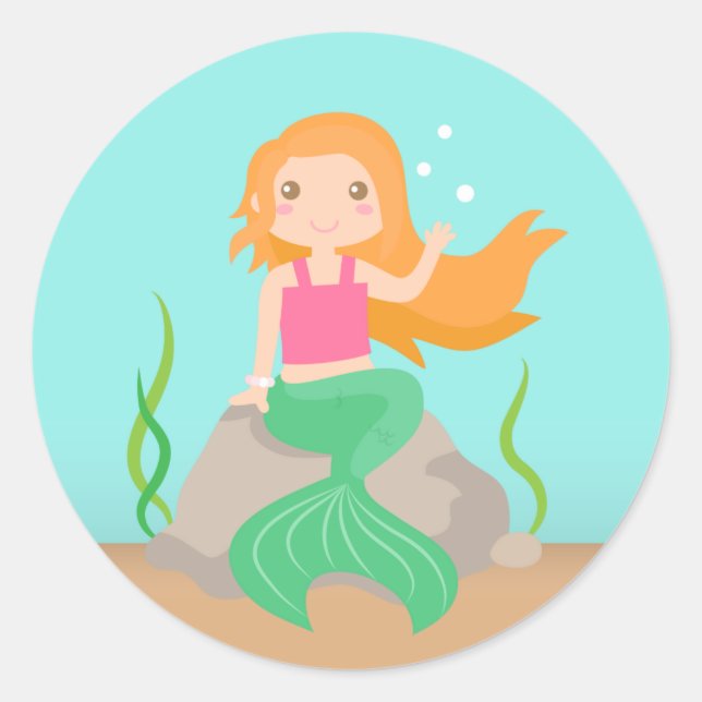 Sticker Rond Cute Mermaid under the sea, for Girls (Devant)
