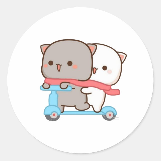 Sticker Rond Cute Mochi Peach Chat Couple Vélo équitation (Devant)