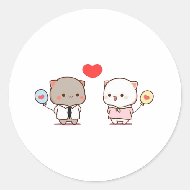 Sticker Rond Cute Mochi Peach Chat, Joyeuse Saint Valentin (Devant)