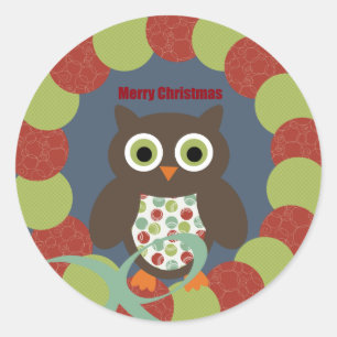 Sticker Rond Cute Modern Owl Wreath Joyeux cadeaux de Noël