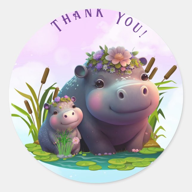 Sticker Rond Cute Mom and Baby Hippo Merci personnalisé (Devant)