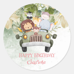 Sticker Rond Cute Monkey Race car Safari jungle fête d'annivers