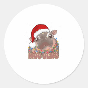 Sticker Rond Cute Moo Deng Baby Hippo lumières de Noël Père Noë