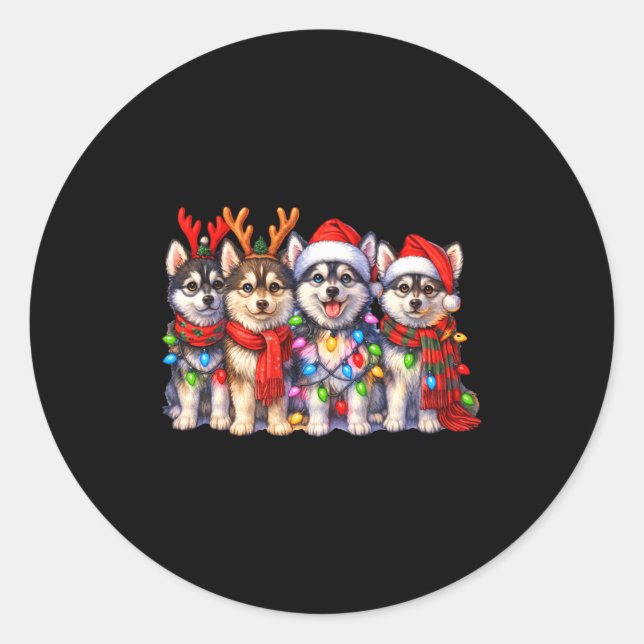 Sticker Rond Cute Msky Christmas Dogs With Lights Long Sleeve  (Devant)