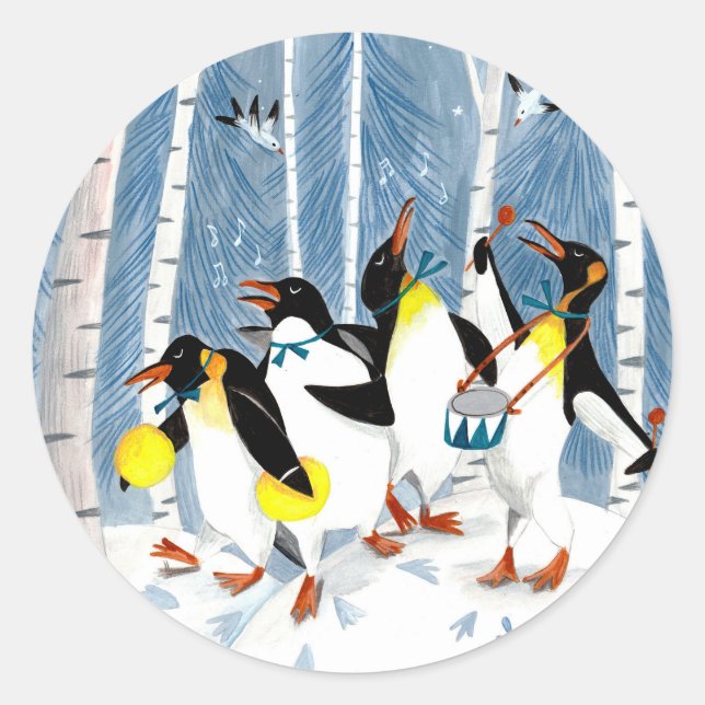 Sticker Rond Cute musiciens bleus pingouins neige amusant carte (Devant)
