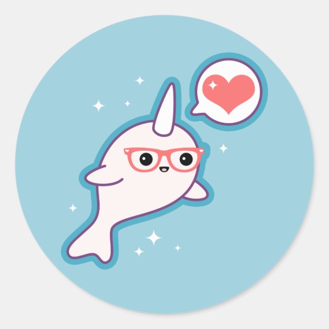 Sticker Rond Cute Nerd Narwhal (Devant)